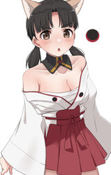  absurdres animal_ears bare_shoulders black_hair breasts brown_eyes cat_ears cat_girl cleavage collarbone cowboy_shot detached_collar emu_1316 female highres japanese_clothes kawaguchi_fumiyo large_breasts long_sleeves looking_at_viewer medium_hair miniskirt off_shoulder open_mouth red_ribbon red_skirt ribbon simple_background single_vertical_stripe skirt solo twintails v-shaped_eyebrows white_background wide_sleeves world_witches_series 