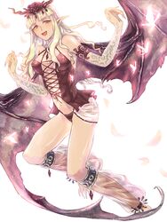  bad_id bad_pixiv_id bare_shoulders bat_wings blonde_hair blush breasts bug butterfly castlevania:_lament_of_innocence castlevania_(series) commentary_request demon_girl female lace large_breasts leg_warmers open_mouth pointy_ears red_eyes salt_(reincarnation) solo succubus_(castlevania) tattoo tiara wings 