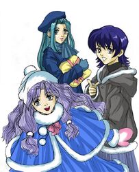  3girls alternate_costume aqua_eyes aqua_hair blue_eyes blue_hair coat farina farina_(fire_emblem) fiora fiora_(fire_emblem) fire_emblem fire_emblem:_rekka_no_ken fire_emblem_blazing_sword florina florina_(fire_emblem) fur gift gloves green_eyes green_hair happy hat holding jacket long_hair multiple_girls nintendo open_mouth pegasus_knight present purple_hair ribbon scarf short_hair siblings sisters smile winter 