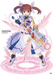  boots brown_hair commentary_request dress female fingerless_gloves full_body gloves glowing highres lyrical_nanoha magic_circle magical_girl mahou_shoujo_lyrical_nanoha mahou_shoujo_lyrical_nanoha_the_movie_1st npcpepper photoshop_(medium) purple_eyes raising_heart raising_heart_(cannon_mode) short_twintails smile solo staff takamachi_nanoha takamachi_nanoha_(movie_1st_mode) twintails weapon wings 