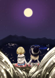  2girls alice_margatroid back_bow black_headwear black_vest blonde_hair bow capelet commentary_request from_behind full_moon gensokyo hat hat_bow holding_hands kirisame_marisa light_particles long_sleeves mayuge_inu moon mountainous_horizon multiple_girls night night_sky outdoors purple_sky scenery shirt short_hair sitting sky star_(sky) starry_sky touhou vest white_bow white_capelet white_shirt yuri 