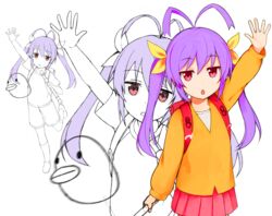  antenna_hair arm_up backpack bad_id bad_pixiv_id bag chestnut_mouth female flute hair_ribbon holding holding_flute holding_instrument instrument long_hair miyauchi_renge nnyu non_non_biyori open_mouth orange_shirt purple_hair randoseru recorder red_eyes ribbon shirt twintails 