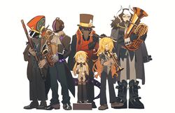  2boys 4girls bassoon bondrewd commentary_request flute highres holding holding_flute holding_instrument holding_saxophone instrument knifedragon lyza_(made_in_abyss) made_in_abyss multiple_boys multiple_girls music ozen playing_instrument recorder riko_(made_in_abyss) saxophone simple_background srajo tenor_saxophone trumpet tuba wakuna white_background 