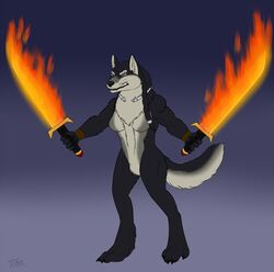  anthro bakari breasts canid canine canis featureless_breasts female fire fur hair looking_at_viewer mammal melee_weapon nude solo standing sword weapon wolf 