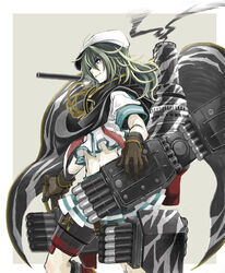  cape commentary_request female gloves green_hair hat kai_(akamekogeme) kantai_collection kiso_(kancolle) kiso_kai_ni_(kancolle) long_hair midriff pleated_skirt sailor_hat school_uniform serafuku skirt smoke smokestack solo sword weapon 