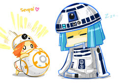  +++ 1boy =_= animification ball bb-8 blue_hair blush_stickers chibi commentary_request dress drooling duplicate female gapangman heart o_o orange_hair parody personification photoshop_(medium) pixel-perfect_duplicate r2-d2 romaji_text saliva science_fiction senpai_(phrase) sleeping spoilers star_wars star_wars:_the_force_awakens zzz 