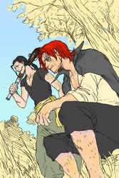  ben_beckman black_hair black_jacket black_shirt green_pants gun jacket jacket_on_shoulders male male_focus mono_(caoton) multiple_boys one_piece outdoors pants pirate ponytail red_hair samui_(artist) sash shanks shirt sitting standing tree weapon white_shirt 