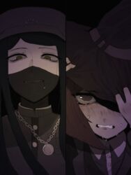  1boy black_hair black_hat chains crying danganronpa female hat japanese_clothes long_hair mask matching_hair/eyes new_danganronpa_v3 red_eyes red_hair sad shinguuji_korekiyo short_hair uniform witch_hat yellow_eyes yumeno_himiko 