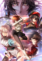  2boys 3girls black_hair black_pantyhose black_scarf black_thighhighs blonde_hair boots breasts brown_eyes chaldea_uniform closed_mouth command_spell commentary_request crossover drifters expressionless fate/grand_order fate_(series) fujimaru_ritsuka_(female) grin hat hatori_mia highres hijikata_toshizou_(drifters) holding holding_sword holding_weapon japanese_clothes katana knee_boots koha-ace long_hair long_sleeves looking_at_viewer medium_breasts multiple_boys multiple_girls oda_nobunaga_(fate) oda_nobunaga_(koha-ace) okita_souji_(fate) okita_souji_(koha-ace) open_mouth orange_eyes orange_hair pantyhose petals ponytail profile red_eyes scarf shimazu_toyohisa_(drifters) side_ponytail smile sword tears thighhighs very_long_hair weapon white_footwear yellow_eyes 