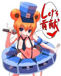  animal_ears bear_ears breasts commentary_request female freedom_wars genderswap_(mtf) hat large_breasts microphone navel necktie onio orange_hair personification pinky_out propa-kun propaganda rule_63 short_hair slingshot_swimsuit solo swimsuit translated 