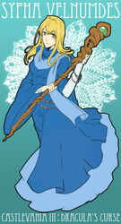  blonde_hair blue_eyes bracelet breasts castlevania_(series) castlevania_iii:_dracula&#039;s_curse character_name commentary_request copyright_name dress female green_eyes hood jewelry medium_breasts photoshop_(medium) scarf senbe_(motimotio) solo staff sypha_belnades 