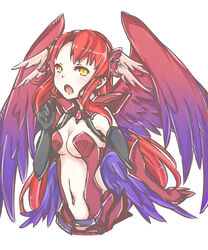  armor bad_id bad_pixiv_id bikini_armor black_gloves breasts cleavage dark_minerva_(p&amp;d) elbow_gloves feathered_wings female gauntlets gloves hair_ornament head_wings long_hair medium_breasts midriff minerva_(p&amp;d) mo_(k40633) multicolored_wings navel open_mouth pauldrons purple_wings puzzle_&amp;_dragons red_hair red_wings shoulder_armor simple_background solo underboob very_long_hair white_background white_wings wings yellow_eyes 