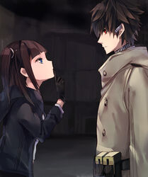  1boy accessory_(freedom_wars) android blue_eyes brown_hair coat commentary_request female freedom_wars gloves headset krks63 looking_up photoshop_(medium) red_eyes side_ponytail togabito 