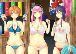  3girls axanael bikini black_hair blue_bikini breasts brown_hair cleavage commentary_request food fujimi_suzu hand_fan headphones ice large_breasts long_hair looking_at_viewer mirufi-yu multiple_girls navel nitroplus open_mouth paper_fan red_bikini see-through shirt short_hair super_sonico swimsuit uchiwa watanuki_fuuri wet wet_clothes wet_shirt white_bikini 