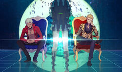  2boys abs animal_print archer_(cool_and_wild)_(fate) archer_(fate) backlighting black_footwear black_pants blonde_hair collar collared_shirt commentary_request dark-skinned_male dark_skin digital_dissolve earrings fate/extra fate/extra_ccc fate/stay_night fate_(series) female full_moon gilgamesh_(fate) gilgamesh_(modern_costume_of_volupte)_(fate) glitch grey_hair jacket jewelry kishinami_hakuno_(female) kneehighs leaning_forward leg_up legs_apart leopard_print liusang long_sleeves looking_at_viewer moon multiple_boys necklace official_alternate_costume open_clothes open_jacket own_hands_clasped own_hands_together pants pendant photoshop_(medium) purple_shirt red_eyes red_jacket reflective_floor shirt shoes sitting socks spiked_hair spread_legs standing throne wing_collar yellow_jacket 