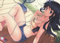  aflame_inferno ahoge apple_inc. bare_legs barefoot blue_eyes blue_hair breasts cleavage collarbone crop_top cutoffs denim denim_shorts digital_media_player dutch_angle earbuds earphones electric_fan female highres ipod kim_kwang_hyun large_breasts light_smile long_hair midriff navel open_fly scan shin_chaehee short_shorts shorts sitting solo sports_bra strap_lift sweat unzipped 