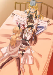  3girls ahoge asymmetrical_legwear bad_id bad_pixiv_id bed blonde_hair blue_eyes braid breasts brown_hair brown_legwear cape cleavage closed_eyes commentary_request covering_own_mouth crown detached_sleeves double_bun dress elbow_gloves fingerless_gloves front-tie_top fujimo_ruru garter_straps gloves hair_between_eyes hair_bun hairband half_up_braid headgear iowa_(kancolle) kantai_collection kongou_(kancolle) long_hair long_sleeves lying medium_breasts mini_crown miniskirt mismatched_legwear multiple_girls nontraditional_miko remodel_(kantai_collection) restrained ribbon-trimmed_sleeves ribbon_trim skirt star-shaped_pupils star_(symbol) striped_clothes striped_thighhighs symbol-shaped_pupils thighhighs uneven_legwear vertical-striped_clothes vertical-striped_thighhighs warspite_(kancolle) white_dress white_thighhighs you_gonna_get_raped yuri 