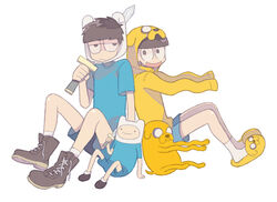  3boys :/ :d adventure_time animal black_eyes black_footwear black_hair blank_eyes blue_shirt blue_shorts boots brothers canine carrying_over_shoulder character_hood commentary_request cosplay cross-laced_footwear crossover finn_the_human finn_the_human_(cosplay) full_body half-closed_eyes hat holding holding_sword holding_weapon hood hoodie jake_the_dog jake_the_dog_(cosplay) jitome kwsr lace-up_boots long_sleeves looking_at_viewer male_focus matsuno_ichimatsu matsuno_jyushimatsu messy_hair multiple_boys open_mouth osomatsu-kun osomatsu-san osomatsu_(series) over_shoulder shirt shoes short_sleeves shorts siblings simple_background sitting sleeves_past_wrists slippers smile socks sword t-shirt wavy_arms weapon weapon_over_shoulder white_background white_legwear 