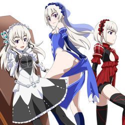  3girls ass bad_anatomy black_thighhighs blush butterfly_hair_ornament chaika_bogdan chaika_trabant commentary_request dress fingerless_gloves frills gloves grey_hair hair_ornament hairband hitsugi_no_chaika layla_(hitsugi_no_chaika) lolita_hairband long_hair long_legs looking_at_viewer multiple_girls no_panties pantyhose pelvic_curtain puffy_sleeves purple_eyes short_hair thick_eyebrows thighhighs yoshida_keiji 