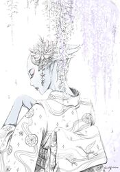  alien asari_(mass_effect) bad_id bad_pixiv_id female japanese_clothes kimono liara_t&#039;soni mass_effect_(series) monochrome obi sash signature snowlily solo 