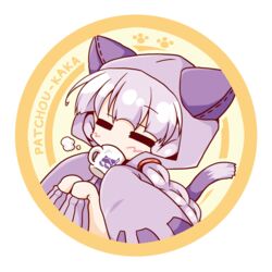  =_= animal_ears blazblue braid cat_ears cat_tail commentary_request cosplay cup drinking female kemonomimi_mode neko_yume patchouli_knowledge paw_print purple_hair sleeves_past_wrists solo tail taokaka taokaka_(cosplay) touhou 