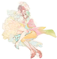  2girls asellus_(saga_frontier) ass boots breasts brown_hair commentary_request curly_hair dress flower green_hair hair_flower hair_ornament headdress high_heel_boots high_heels legs lipstick long_hair makeup medium_breasts multiple_girls npn princess_white_rose saga saga_frontier short_hair strapless strapless_dress 