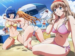  4girls barefoot beach bikini bikini_girls blue_eyes blue_hair breasts brown_hair feet highres ikkitousen multiple_girls ocean orange_hair playing ryomou_shimei shokatsuryou_koumei soles sonsaku_hakufu summer swimsuit toes 