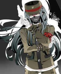  1boy armband bandage black_hair buttons chains danganronpa hat japanese_clothes long_hair new_danganronpa_v3 pants shinguuji_korekiyo shirt solo uniform yellow_eyes 