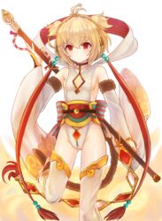  ahoge andira_(granblue_fantasy) barefoot blonde_hair cleavage_cutout clothing_cutout cloud commentary_request detached_sleeves earrings erune female flying_nimbus granblue_fantasy isao_(wasamoti) jewelry leg_lift leg_up md5_mismatch monkey_tail red_eyes resolution_mismatch sash short_hair simple_background solo source_larger staff tail white_background white_legwear wide_sleeves 