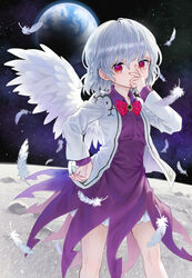  album_cover ama-tou angel_wings bow brooch commentary_request cover dress earth_(planet) feathered_wings feathers female foxfactory hand_to_own_mouth highres jacket jewelry kishin_sagume long_sleeves looking_at_viewer moon open_clothes open_jacket planet purple_dress red_eyes short_dress single_wing solo space touhou white_hair wings 