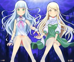  2girls aoki_hagane_no_arpeggio bare_arms bare_legs blonde_hair blue_hair commentary_request dress gauntlets green_eyes highres iona_(aoki_hagane_no_arpeggio) ju_(old505) long_hair multiple_girls sitting u-2501 yellow_eyes 