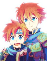  2boys 317_(saina) armor blue_armor blue_eyes cape commentary_request cosplay durandal_(fire_emblem) eliwood_(fire_emblem) eliwood_(fire_emblem)_(cosplay) father_and_son fire_emblem fire_emblem:_the_binding_blade fire_emblem:_the_blazing_blade fire_emblem_heroes headband looking_at_viewer male_focus multiple_boys red_hair roy_(fire_emblem) simple_background smile sword weapon white_background 