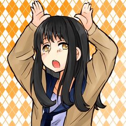  argyle_background black_hair brown_cardigan cardigan commentary_request female koe_no_katachi long_hair open_cardigan open_clothes rabbit_pose sasasa-san school_uniform serafuku solo ueno_naoka upper_body yellow_eyes 