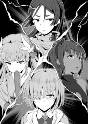  4girls bare_shoulders center_opening commentary_request dark-skinned_female dark_skin dragon_girl dragon_horns dress fate/grand_order fate/prototype fate/prototype:_fragments_of_blue_and_silver fate_(series) glasses greyscale hair_over_one_eye hairband hand_fan hassan_of_serenity_(fate) horns jacket japanese_clothes kiyohime_(fate) long_hair mash_kyrielight mask minamoto_no_raikou_(fate) monochrome multiple_girls necktie oumi_(rsag) parted_bangs sash short_hair unworn_mask very_long_hair 