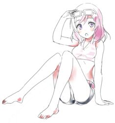  bad_id bad_pixiv_id barefoot bikini blush female hand_on_goggles looking_at_viewer love_live! love_live!_school_idol_project nishikino_maki nnyu open_mouth purple_eyes red_hair short_hair shorts sitting solo striped_bikini striped_clothes swimsuit 