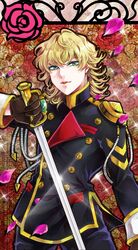  1boy aiguillette androgynous bad_id bad_pixiv_id barnaby_brooks_jr. blonde_hair buttons cosplay curly_hair double-breasted flower gloves green_eyes kiryuu_touga kiryuu_touga_(cosplay) male_focus no_eyewear parody petals rose shoujo_kakumei_utena shoujo_kakumei_utena_adolescence_mokushiroku solo sparkle sword sword_of_dios tiger_&amp;_bunny uniform weapon yoshikiri 