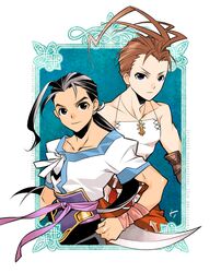  2boys ahoge anniversary antenna_hair ashley_riot bad_id bad_pixiv_id bare_shoulders black_hair blue_eyes brown_eyes brown_hair company_connection copyright_name crossover english_text fei_fong_wong look-alike male_focus multiple_boys ponytail raven_(ambrosia) single_hair_intake square_enix sword vagrant_story weapon xenogears 