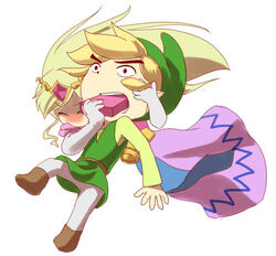  1boy black_eyes blush commentary_request dress feeding female force-feeding gift gloves hat holding holding_gift link long_dress lowres princess_zelda the_legend_of_zelda the_legend_of_zelda:_spirit_tracks toon_link watariga_iruka 