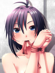  antenna_hair black_hair blue_eyes blush bondage bondage bound bound_wrists closed_mouth collarbone commentary_request female hair_between_eyes idolmaster idolmaster_(classic) kikuchi_makoto looking_at_viewer mouth_hold nude own_hands_together portrait ribbon self_bondage short_hair smile solo tog_(shoten) 