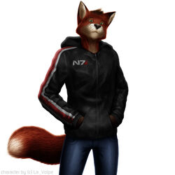  1:1 anthro bioware black_nose bottomwear brown_body brown_fur canid canine clothing dan_scarlet denim denim_bottomwear denim_clothing electronic_arts fox fur green_eyes hoodie jeans male mammal mass_effect n7 pants red_body red_fur simple_background solo topwear whiskers white_background white_body white_fur 