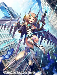  :d armor bare_shoulders beam_gun black_gloves blue_sky boots bracelet braid brown_eyes brown_hair building cloud clover clover_hair_ornament commentary_request copyright_name day elbow_gloves female fingerless_gloves flying four-leaf_clover four-leaf_clover_hair_ornament full_body gaou_(umaiyo_puyoman) gloves gun hair_ornament hair_over_shoulder headgear holding holding_gun holding_weapon jewelry knee_up leaning leotard long_hair looking_at_viewer luck_&amp;_logic mecha_musume mechanical_wings missile nanahoshi_yukari neon_trim official_art open_mouth outdoors outstretched_hand photoshop_(medium) shiny_clothes shiny_skin side_braid single_braid skin_tight sky sleeveless sleeveless_turtleneck smile solo standing teeth thigh_boots thighhighs turtleneck watermark weapon wings 