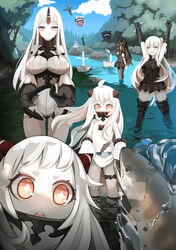  +_+ 6+girls :d abyssal_ship ahoge aircraft aircraft_carrier_oni airfield_princess airplane animal arm_warmers arms_up black_dress black_hair bonnet boots breasts claws clothes_lift colored_skin commentary_request covered_mouth detached_sleeves dress dress_lift eel enemy_aircraft_(kancolle) fish fishing gloves gothic_lolita hairband hands_up highres holding holding_animal horns isolated_island_oni kantai_collection large_breasts lolita_fashion lolita_hairband long_hair looking_at_viewer midway_princess multiple_girls northern_ocean_princess onasuba one_side_up open_mouth outstretched_arm red_eyes river rock seaport_princess single_horn sitting sitting_on_rock skirt_basket smile sparkling_eyes splashing thigh_boots thighhighs torpedo wading white_dress white_hair white_skin zettai_ryouiki 