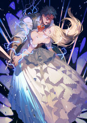  1boy bare_shoulders black_hair blonde_hair blue_eyes breasts chinese_commentary cleavage commentary_request dress erina_pendleton female gown hermit_purple holding holding_sword holding_weapon jojo_no_kimyou_na_bouken jonathan_joestar large_breasts long_dress long_hair looking_at_viewer luck_and_pluck manly open_mouth phantom_blood photoshop_(medium) plant rei_(sanbonzakura) stand_(jojo) sword vines weapon wedding_dress white_dress 