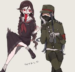  1boy armband bandage black_hair chains danganronpa danganronpa_1 drink duo eyewear female fukawa_touko genocider_shou glasses happy hat japanese_clothes long_hair mask new_danganronpa_v3 red_eyes school_uniform shinguuji_korekiyo tongue tongue_out twin_braids uniform yellow_eyes 