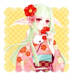  bad_id bad_pixiv_id blush checkered_background female floral_print flower green_hair hair_flower hair_ornament head_tilt head_wings japanese_clothes long_hair looking_at_viewer original pink_eyes raven_(ambrosia) simple_background solo upper_body wings 