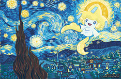  2015 ambiguous_gender blue_eyes flying generation_3_pokemon humanoid inspired_by_formal_art jirachi legendary_pokemon missypena moon night nintendo not_furry open_mouth outside pokemon pokemon_(species) sky smile solo star starry_sky the_starry_night town white_body 