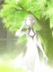  arm_up bad_id bad_pixiv_id breasts brown_hair cleavage dress female ico plant raven_(ambrosia) short_hair small_breasts solo tree white_dress yorda 