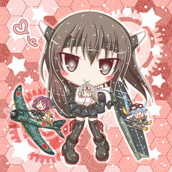  4girls ahoge aircraft airplane black_eyes blue_hair blush braid brown_hair carrying chibi commentary_request fairy_(kancolle) flight_deck gears grey_hair hairband heart hug kantai_collection komakoma_(magicaltale) long_hair mini_person minigirl multiple_girls open_mouth purple_hair red_background reppuu_(kancolle) riding ryuusei_(kancolle) shiba_inu short_hair smile star_(symbol) taihou_(kancolle) type_0_fighter_model_62 |_| 