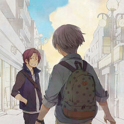  2boys backpack bad_id bad_pixiv_id bag blue_eyes commentary_request free! from_behind grey_hair grin male_focus matsuoka_rin multiple_boys nitori_aiichirou red_eyes red_hair smile tame 