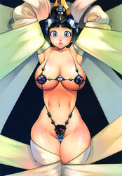  absurdres ancient_princess_menace armpits arms_up black_hair blue_eyes breasts cleavage egyptian egyptian_clothes f.s. female highres large_breasts looking_at_viewer melona_(queen&#039;s_blade) menace_(queen&#039;s_blade) navel nose official_art parted_lips photoshop_(medium) protean_assassin_melona queen&#039;s_blade short_hair solo thick_thighs thighhighs thighs white_thighhighs wide_hips 